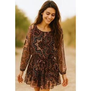 Gypsy 05 Silk Mini Dress XS Red Black Sheer Boho Holiday Party Festival